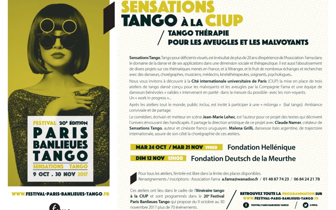 Sensations Tango: Tango thérapie pour les aveugles et les malvoyants. Mardi 24 octobre à 19h30 et mardi 21 novembre 2017 à 19h30 (ANNULÉ)
